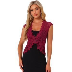 Floral Lace Shrug Wedding Guest Cap Sleeve Sheer Bolero Cardigan Burgundy